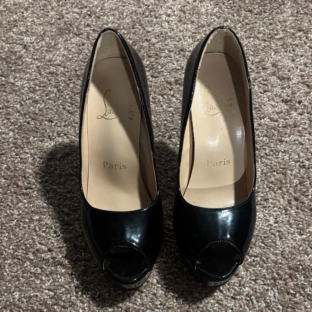 Christian Louboutin Black Patent Peep-Toe Heels
